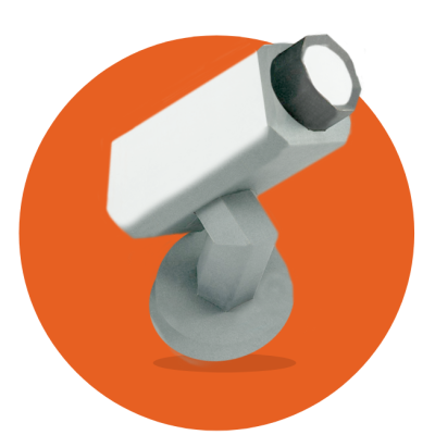 A security camera with an orange background.