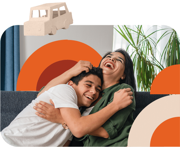 Mom and son laughing on couch