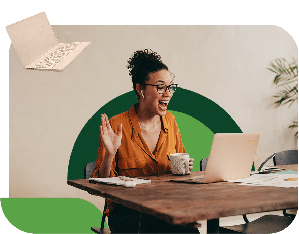Woman smiling and raising her hand during an online meeting