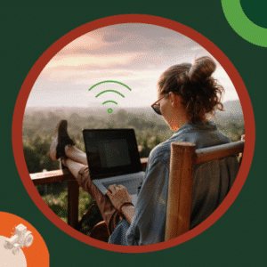 sitting on patio with laptop